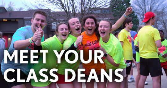 "Meet Your Class Deans" text overlay with a photo of Central students at a Fun Run event in the background.